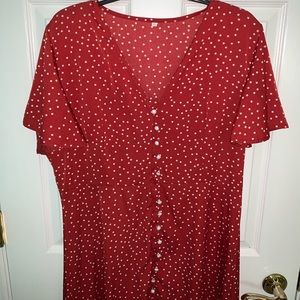 Red and White Mid-Calve High-Low Button Up Dress